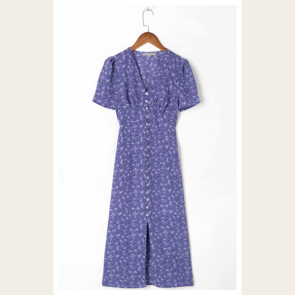 V-NECK BUTTON FRONT FLORAL MIDI DRESS WITH SLIT